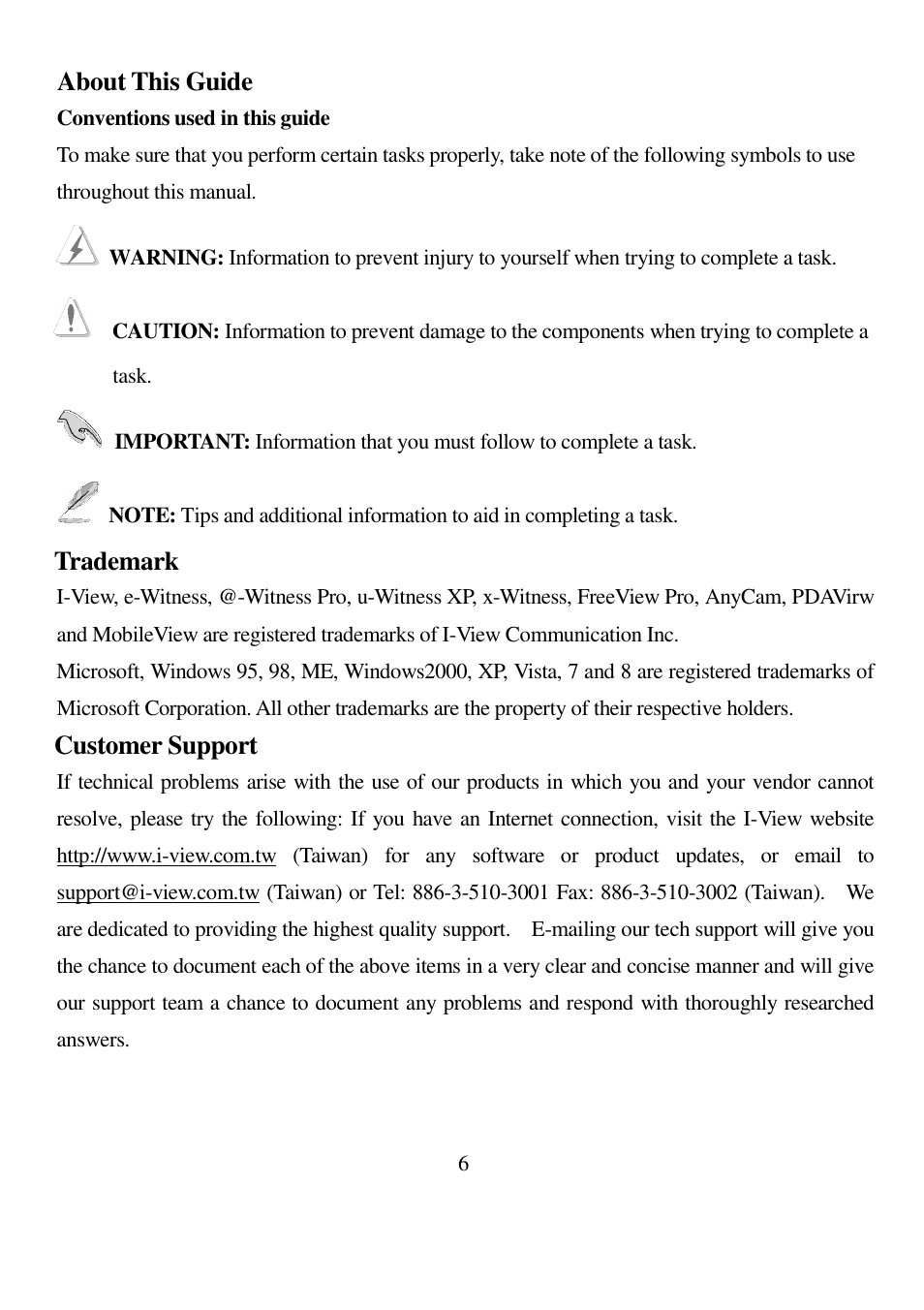 About this guide, Trademark, Customer support | I-View DM-5MIPN30 5-Megapixels IR Vandal Proof Dome IP Camera User Manual | Page 6 / 57