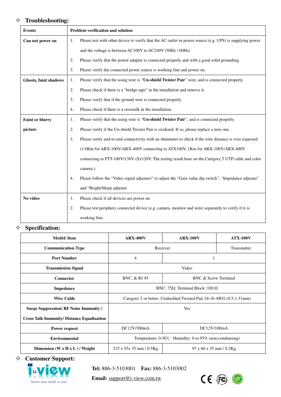 Troubleshooting, Specification, Customer support | I-View ATX-100V/ARX-100V/ARX-400V Multi-videos Transmission System User Manual | Page 4 / 4