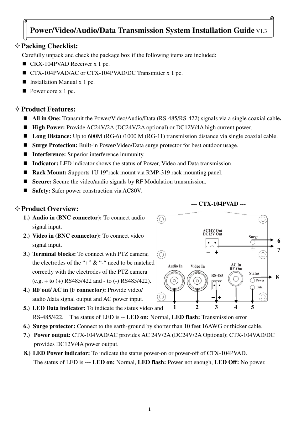 I-View CTX-104PVAD Multi-signals Transmission System User Manual | 4 pages