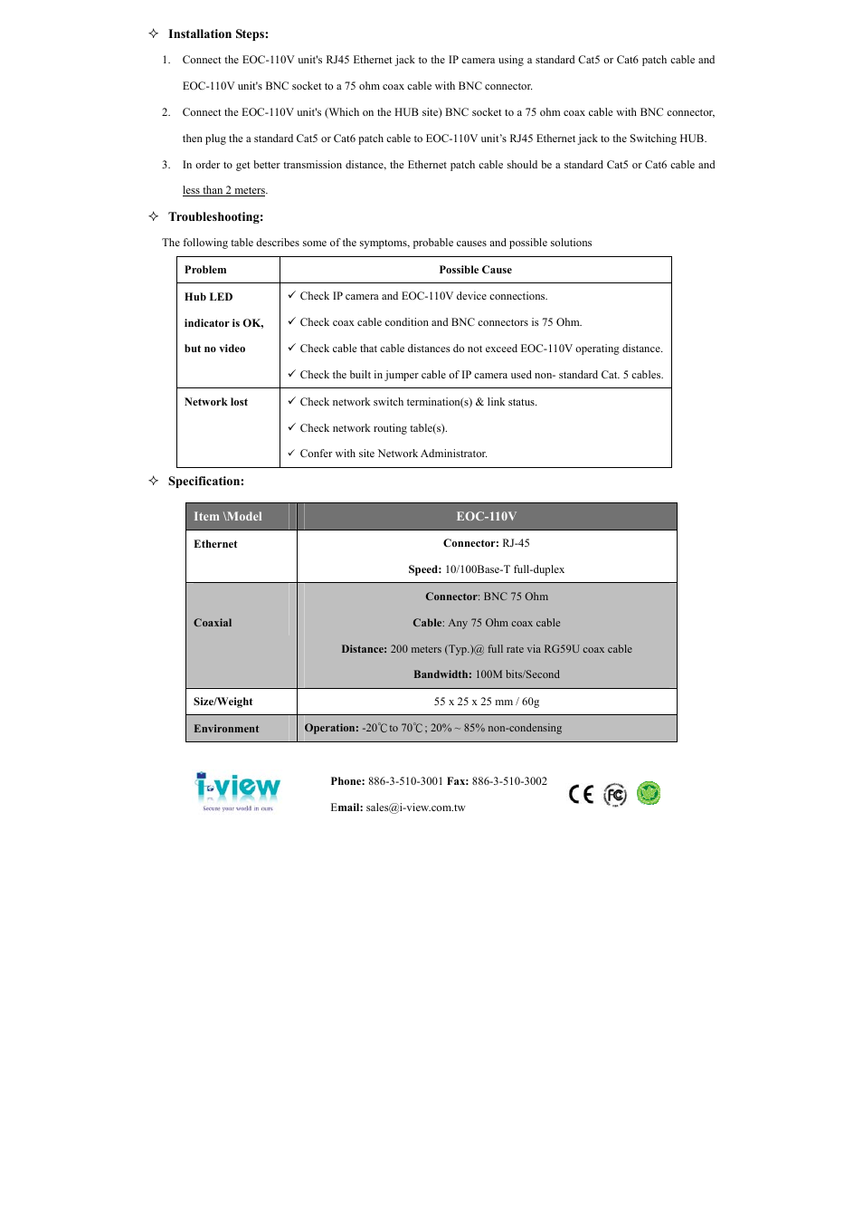 I-View Ethernet over Coax Extender User Manual | Page 2 / 2