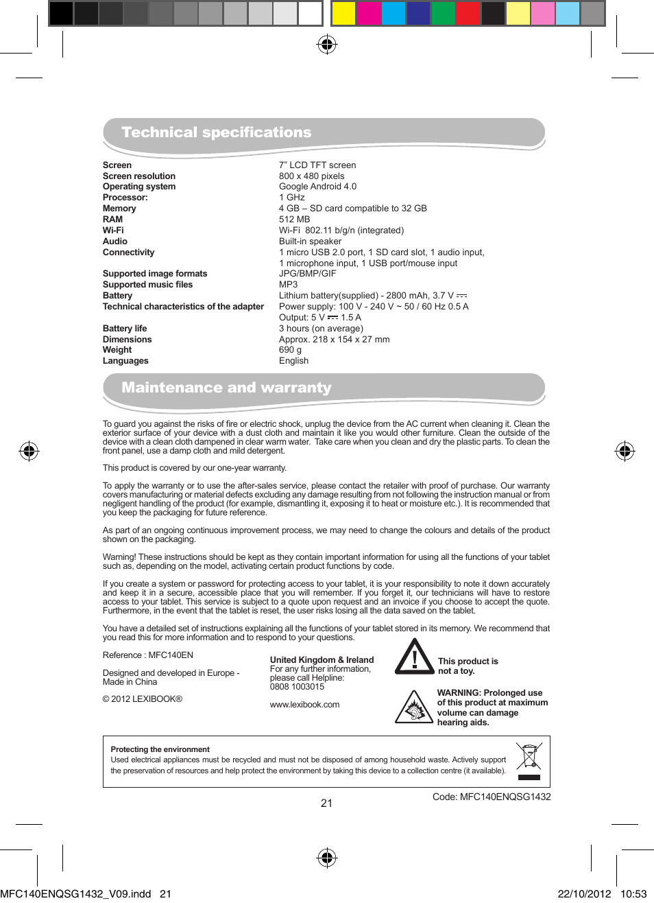 Technical specifications maintenance and warranty | Lexibook MFC140EN User Manual | Page 21 / 22