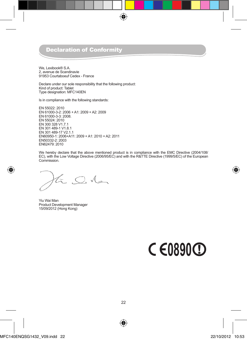 Declaration of conformity | Lexibook MFC140EN User Manual | Page 22 / 22