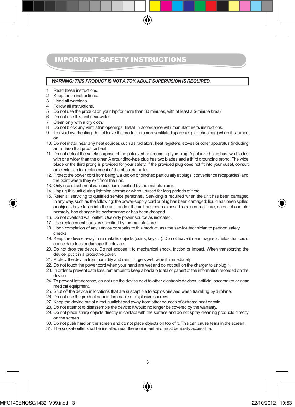 Important safety instructions | Lexibook MFC140EN User Manual | Page 3 / 22
