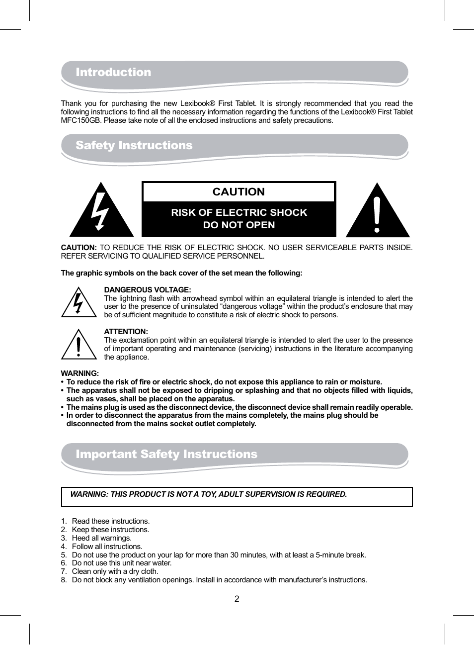 Introduction, Safety instructions, Important safety instructions | Caution | Lexibook MFC150GB User Manual | Page 2 / 10