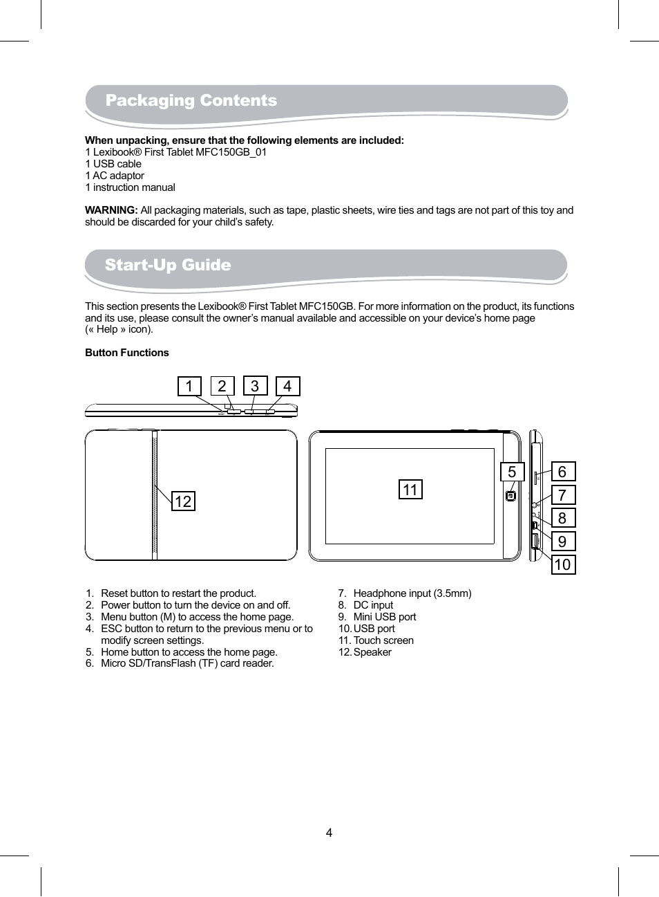 Packaging contents start-up guide | Lexibook MFC150GB User Manual | Page 4 / 10