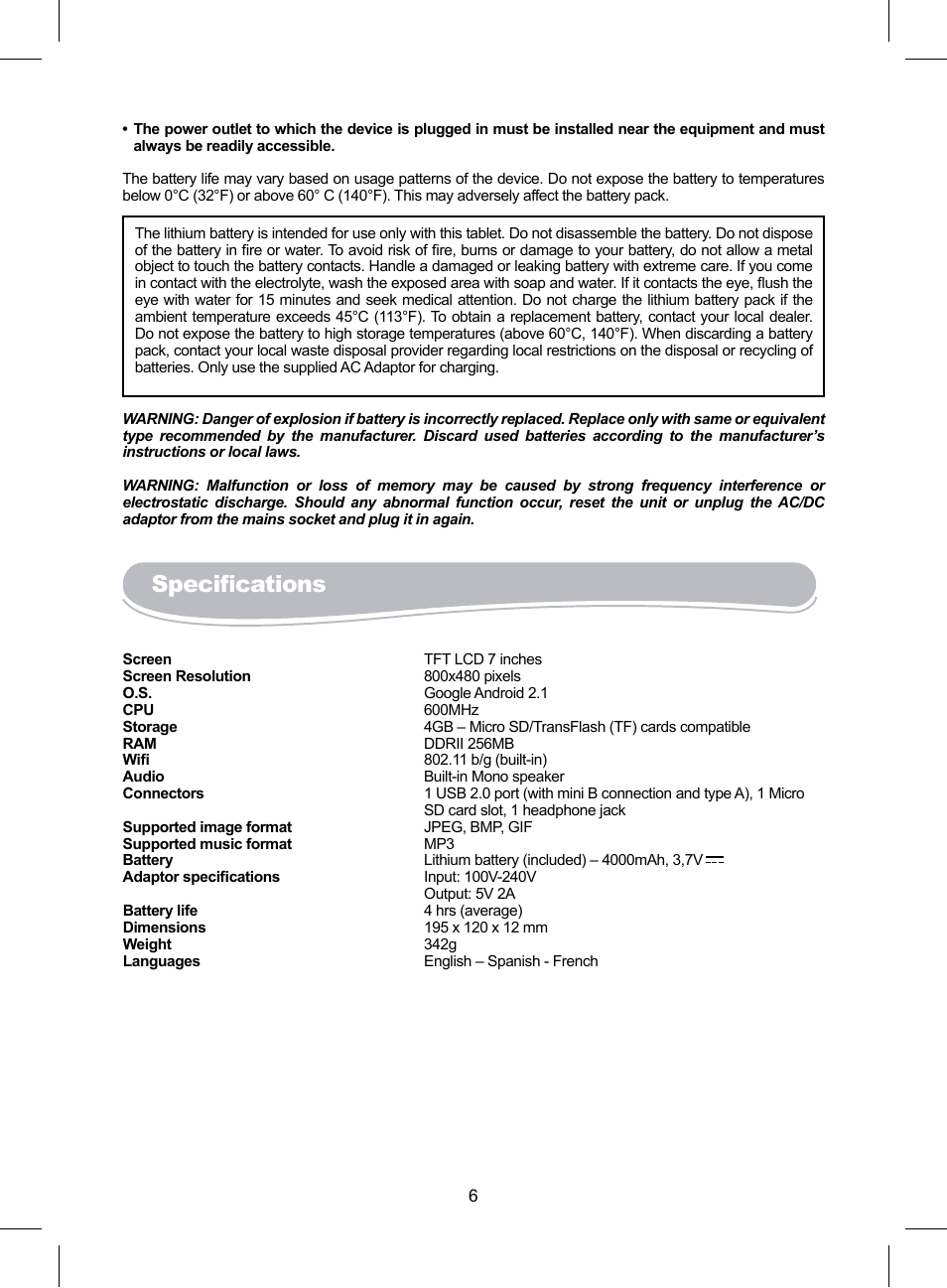 Specifications | Lexibook MFC150GB User Manual | Page 6 / 10