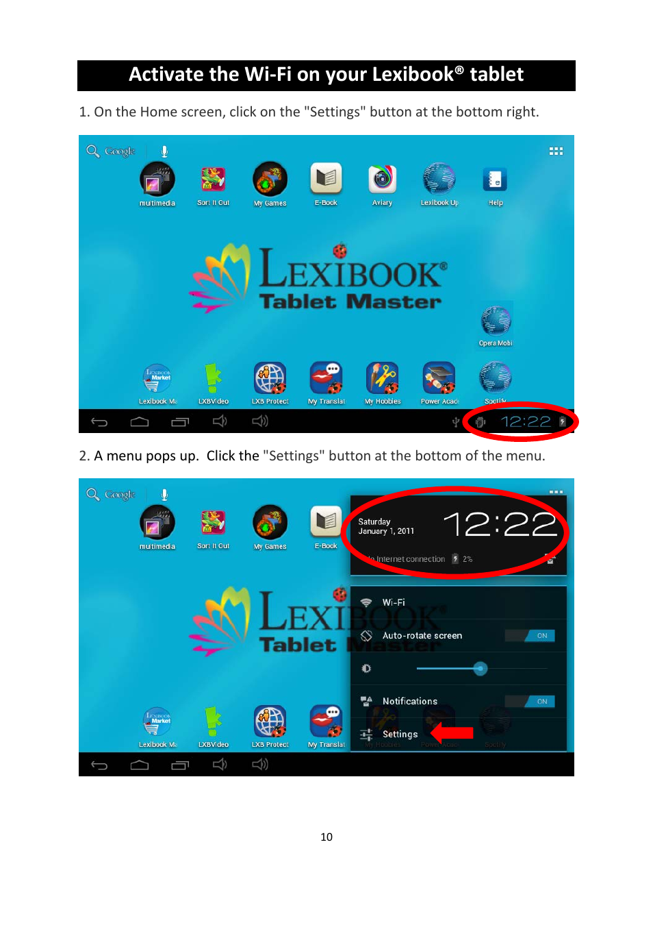 Activate the wi-fi on your lexibook® tablet | Lexibook MFC155EN User Manual | Page 10 / 54