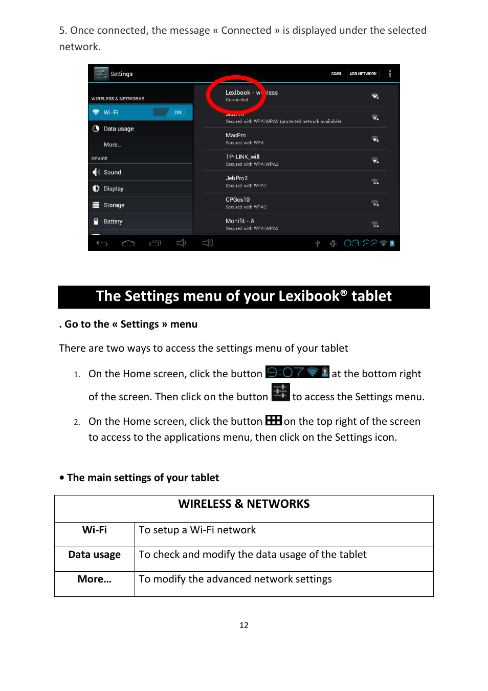 The settings menu of your lexibook® tablet | Lexibook MFC155EN User Manual | Page 12 / 54
