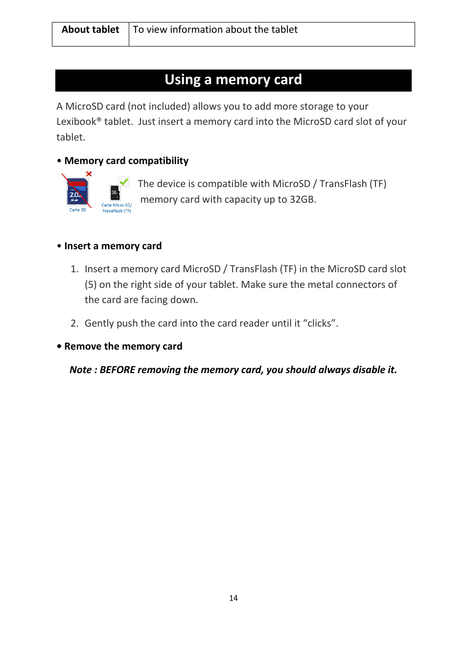 Using a memory card | Lexibook MFC155EN User Manual | Page 14 / 54