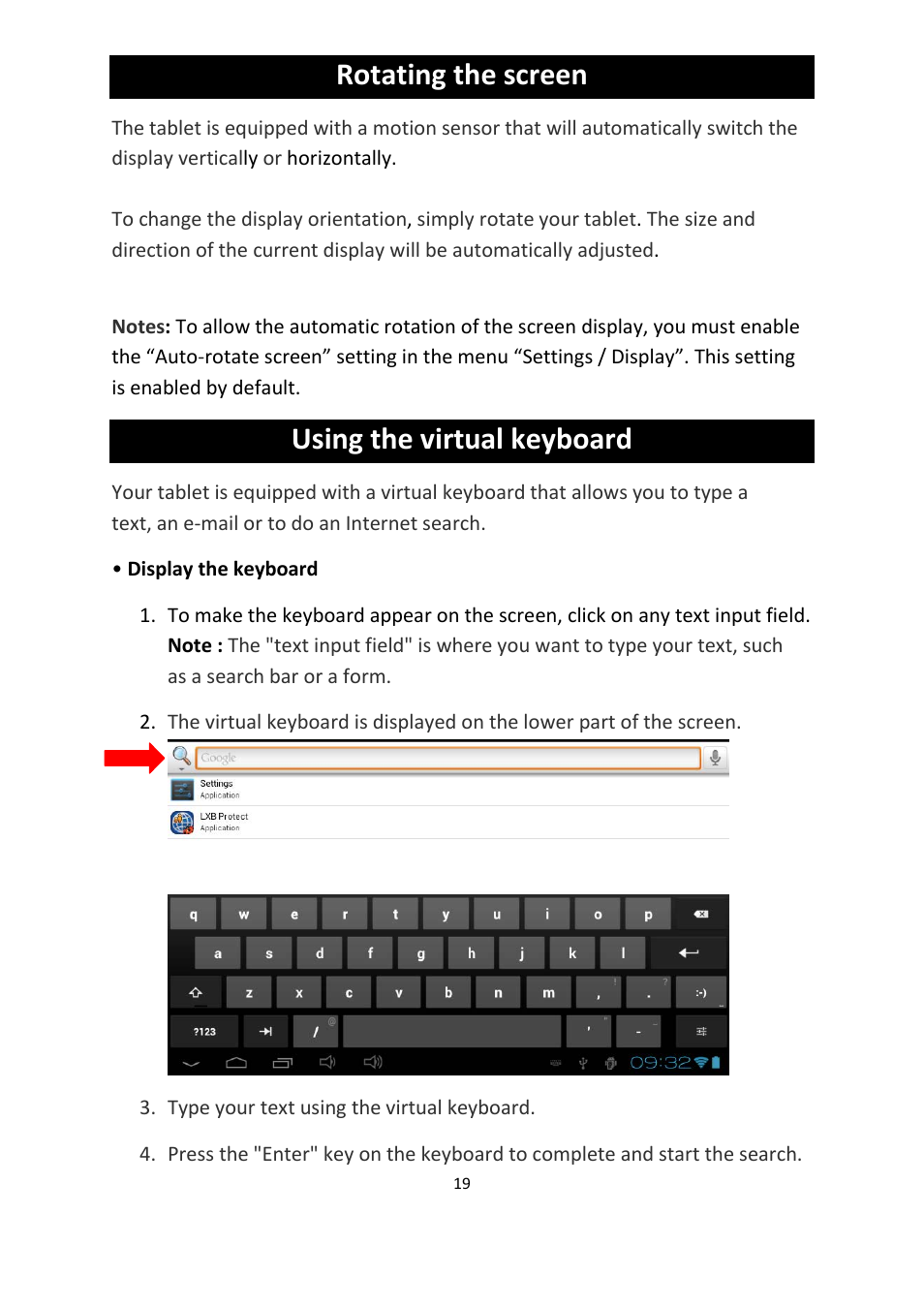 Rotating the screen, Using the virtual keyboard | Lexibook MFC155EN User Manual | Page 19 / 54