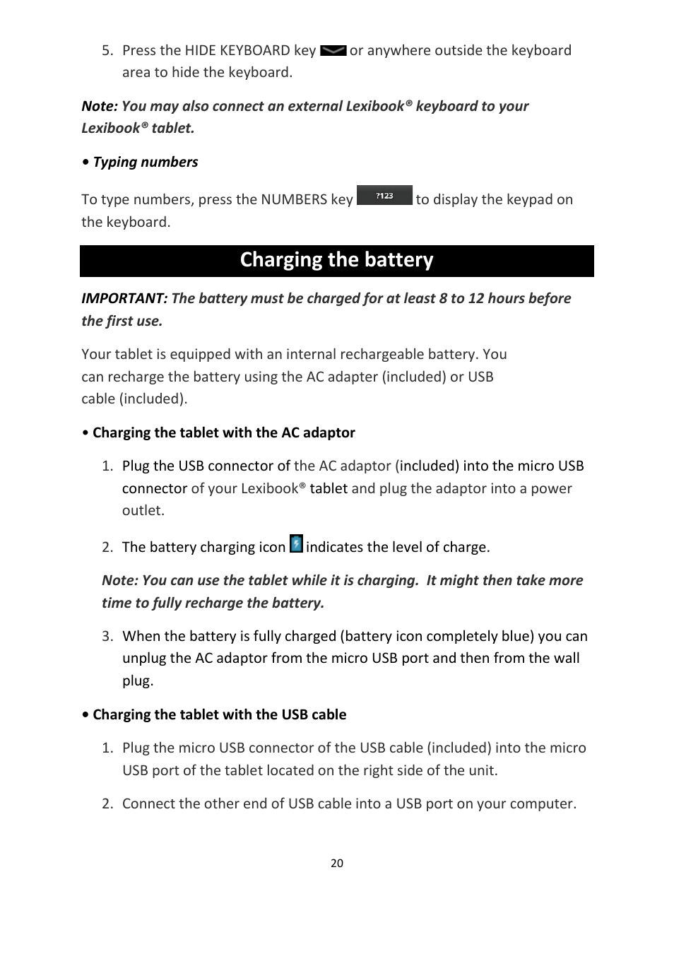 Charging the battery | Lexibook MFC155EN User Manual | Page 20 / 54
