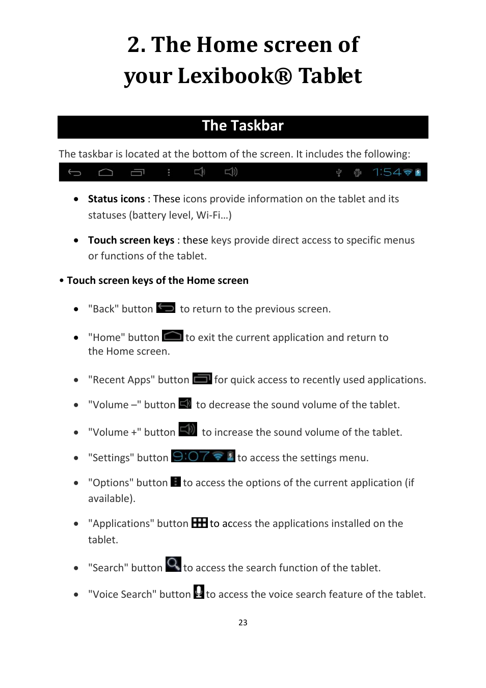 The home screen of your lexibook® tablet, The taskbar | Lexibook MFC155EN User Manual | Page 23 / 54