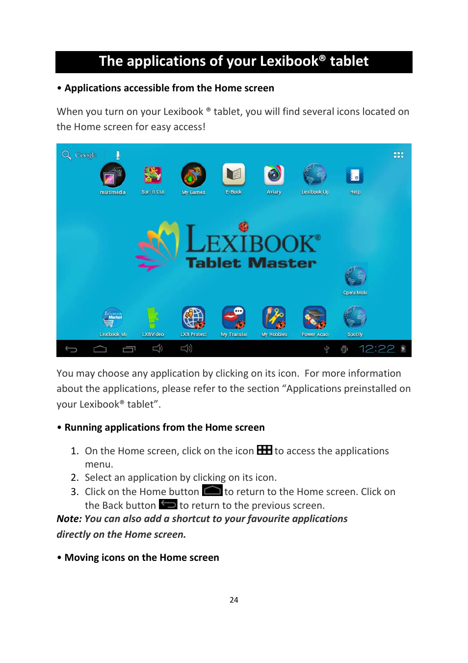 The applications of your lexibook® tablet | Lexibook MFC155EN User Manual | Page 24 / 54