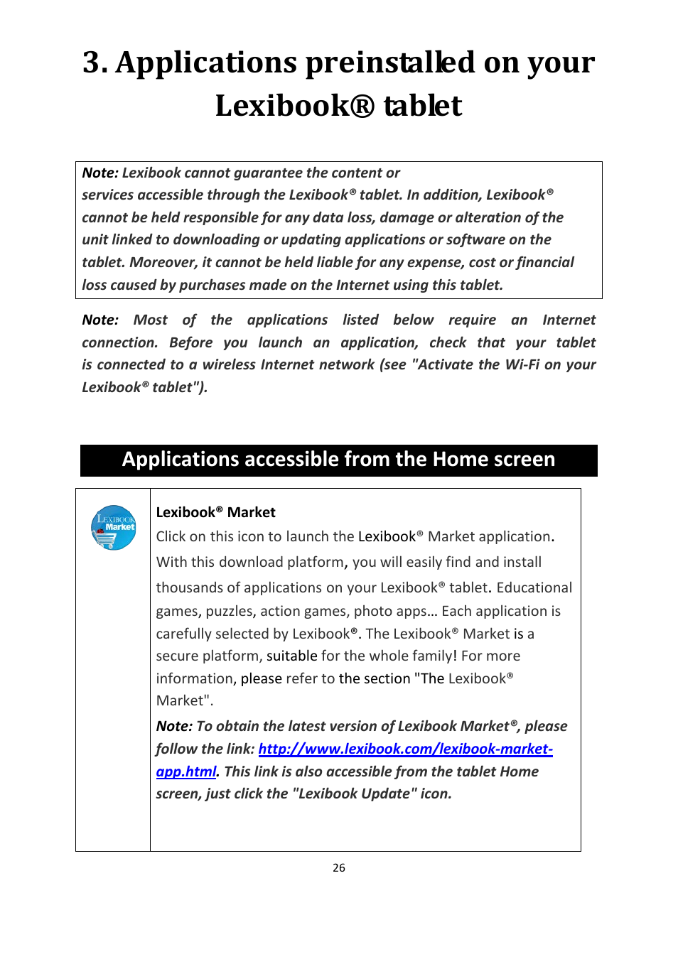 Applications preinstalled on your lexibook® tablet, Applications accessible from the home screen | Lexibook MFC155EN User Manual | Page 26 / 54