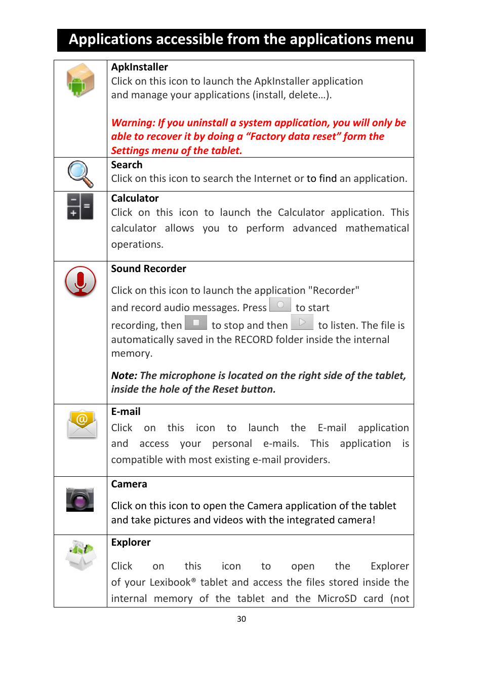 Applications accessible from the applications menu | Lexibook MFC155EN User Manual | Page 30 / 54