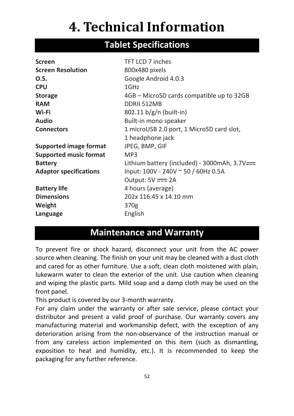 Technical information, Tablet specifications, Maintenance and warranty | Lexibook MFC155EN User Manual | Page 52 / 54