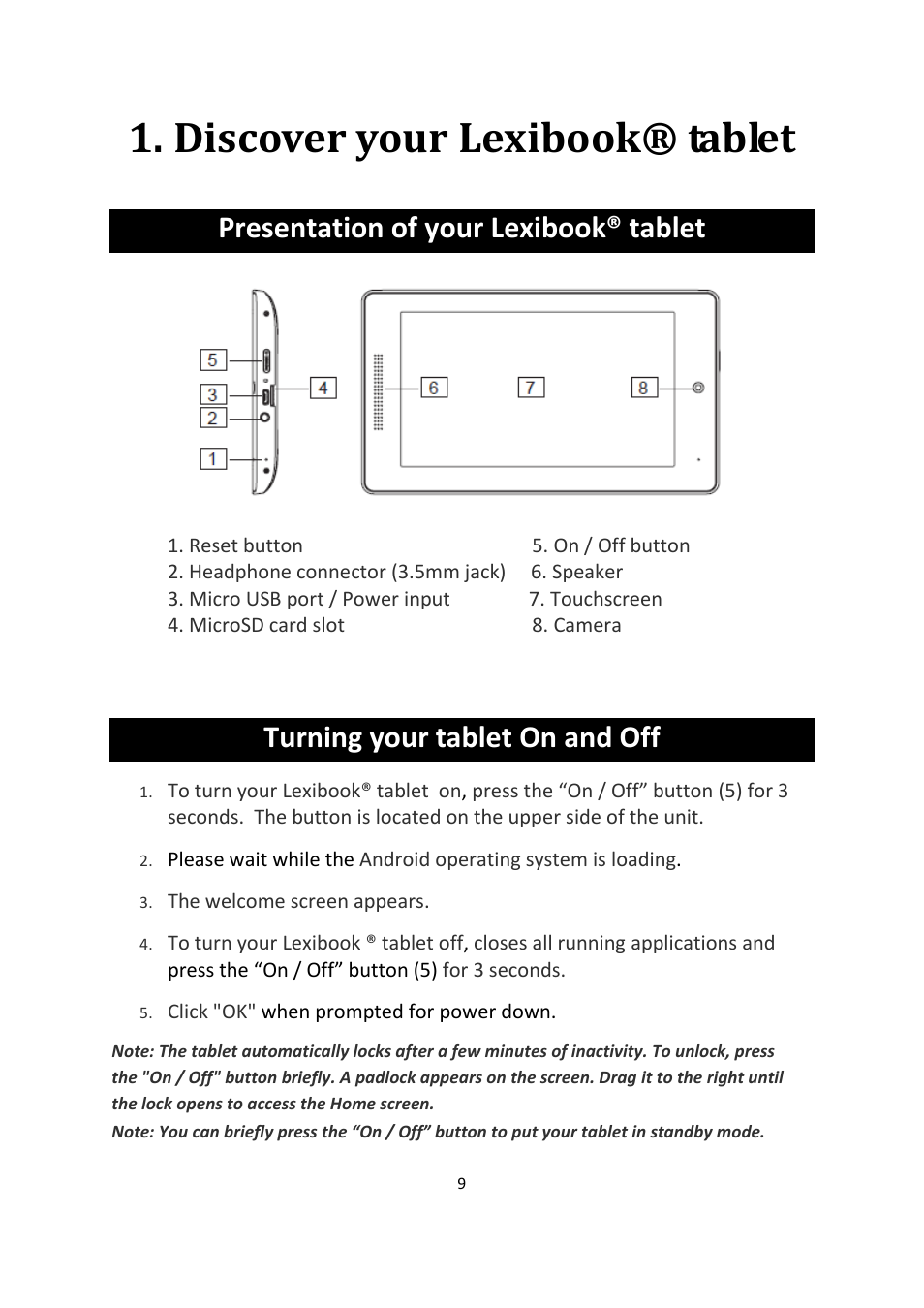 Discover your lexibook® tablet, Presentation of your lexibook® tablet, Turning your tablet on and off | Lexibook MFC155EN User Manual | Page 9 / 54