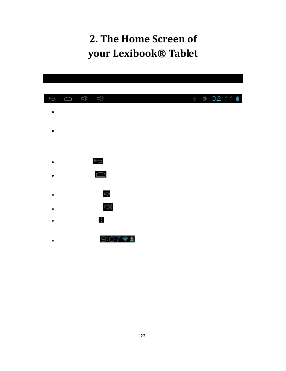 The home screen of your lexibook® tablet, The taskbar | Lexibook MFC270EN User Manual | Page 22 / 55