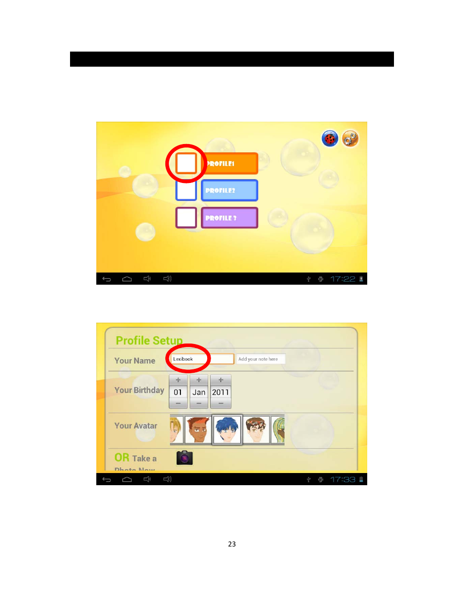 Profile selection screen | Lexibook MFC270EN User Manual | Page 23 / 55