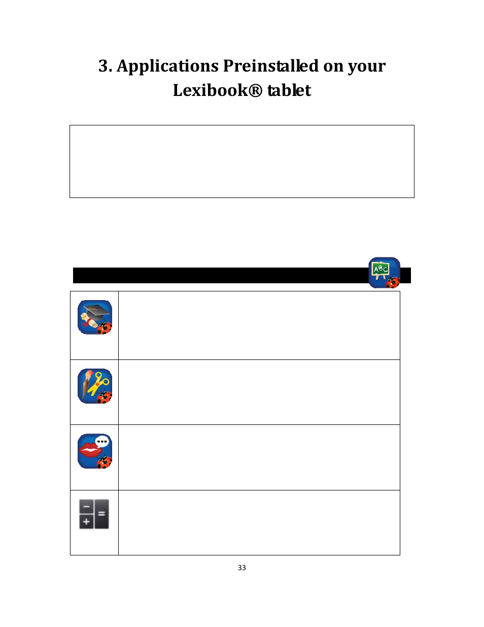 Applications preinstalled on your lexibook® tablet, My knowledge homepage | Lexibook MFC270EN User Manual | Page 33 / 55