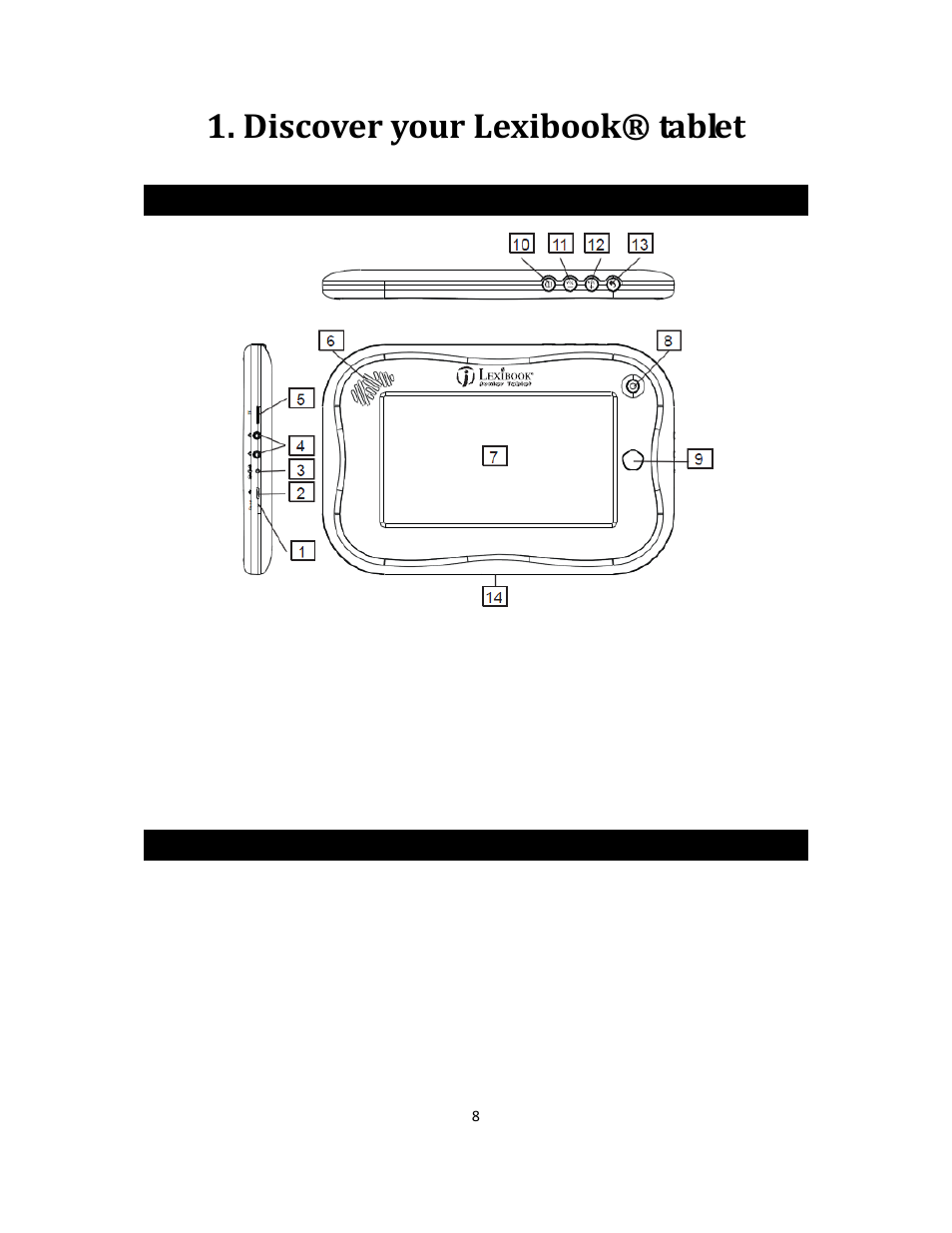 Discover your lexibook® tablet, Presentation of your lexibook® tablet, Turning your tablet on and off | Lexibook MFC270EN User Manual | Page 8 / 55