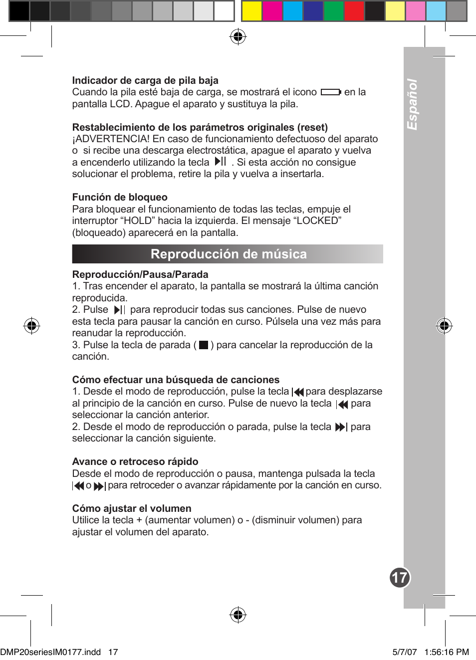 Español, Reproducción de música | Lexibook DMP20SP/DMP23SP User Manual | Page 17 / 44