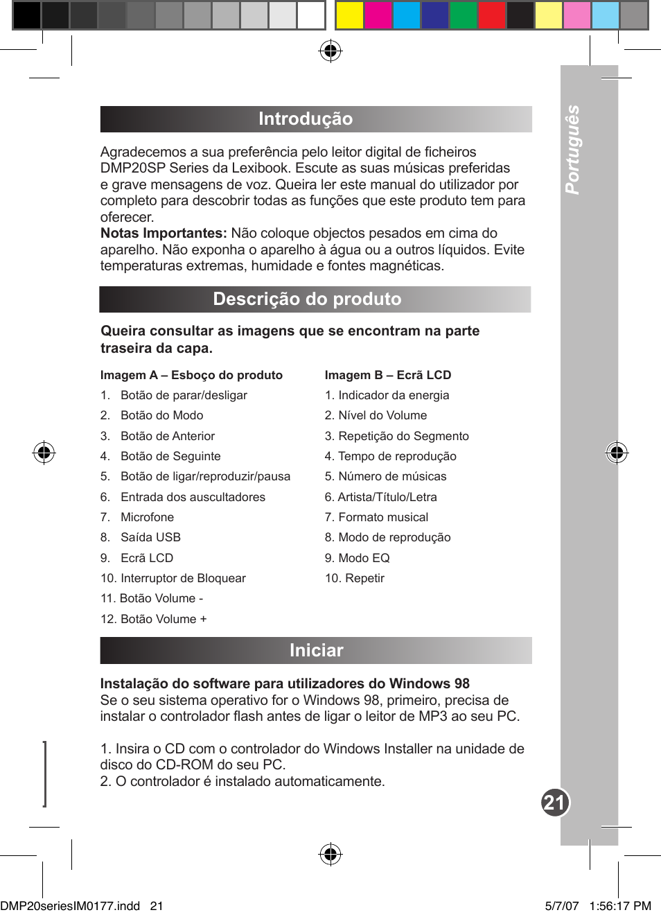 Português español, Introdução, Descrição do produto | Iniciar | Lexibook DMP20SP/DMP23SP User Manual | Page 21 / 44