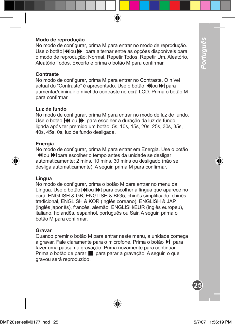 Português, Menu das funções | Lexibook DMP20SP/DMP23SP User Manual | Page 25 / 44