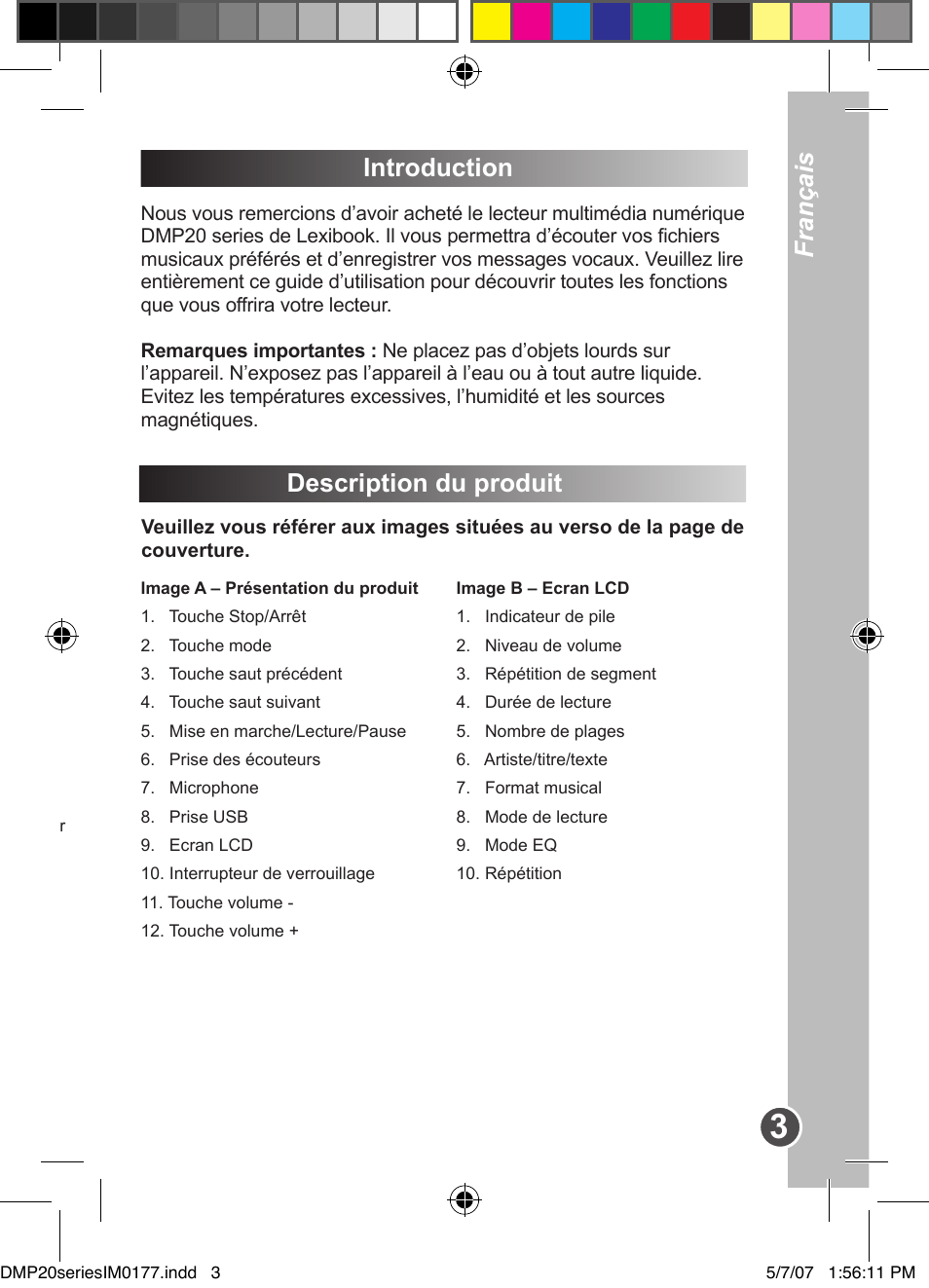 Introduction, Description du produit, Français | Lexibook DMP20SP/DMP23SP User Manual | Page 3 / 44