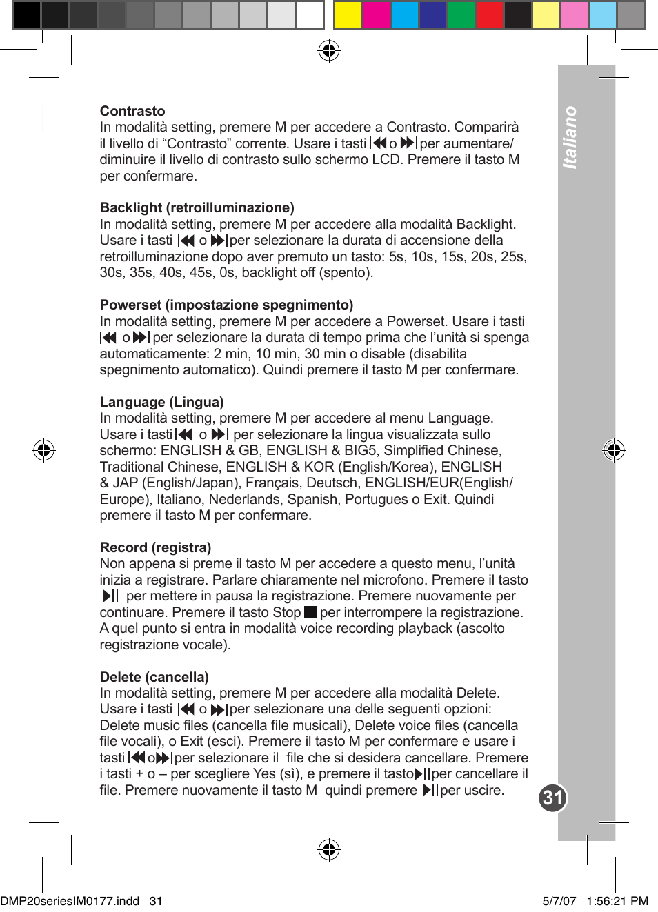 Italiano, Menu funzioni | Lexibook DMP20SP/DMP23SP User Manual | Page 31 / 44