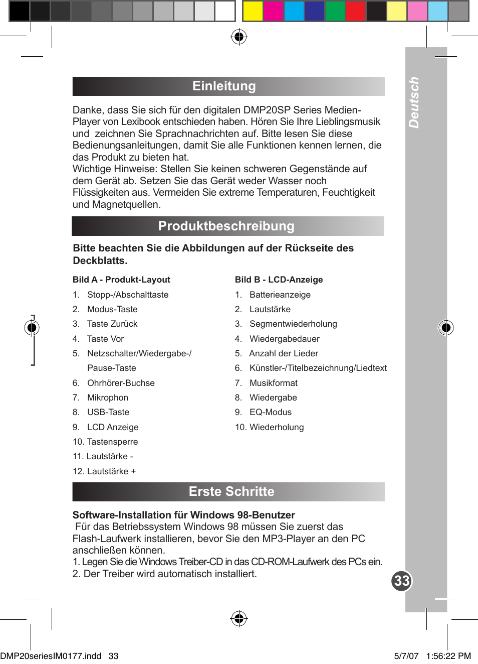 Deutsch italiano, Einleitung, Produktbeschreibung | Erste schritte | Lexibook DMP20SP/DMP23SP User Manual | Page 33 / 44