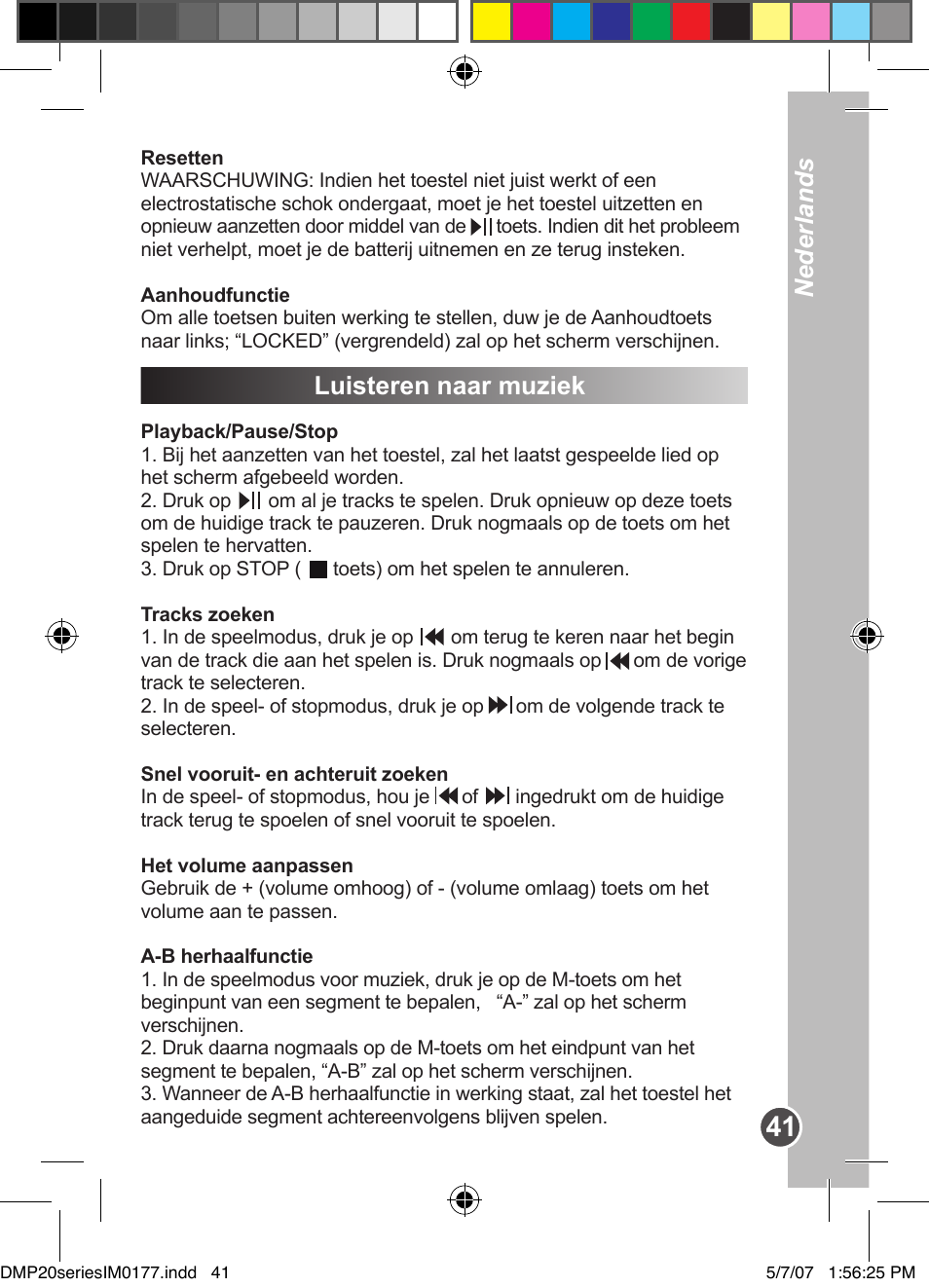 Nederlands, Luisteren naar muziek | Lexibook DMP20SP/DMP23SP User Manual | Page 41 / 44
