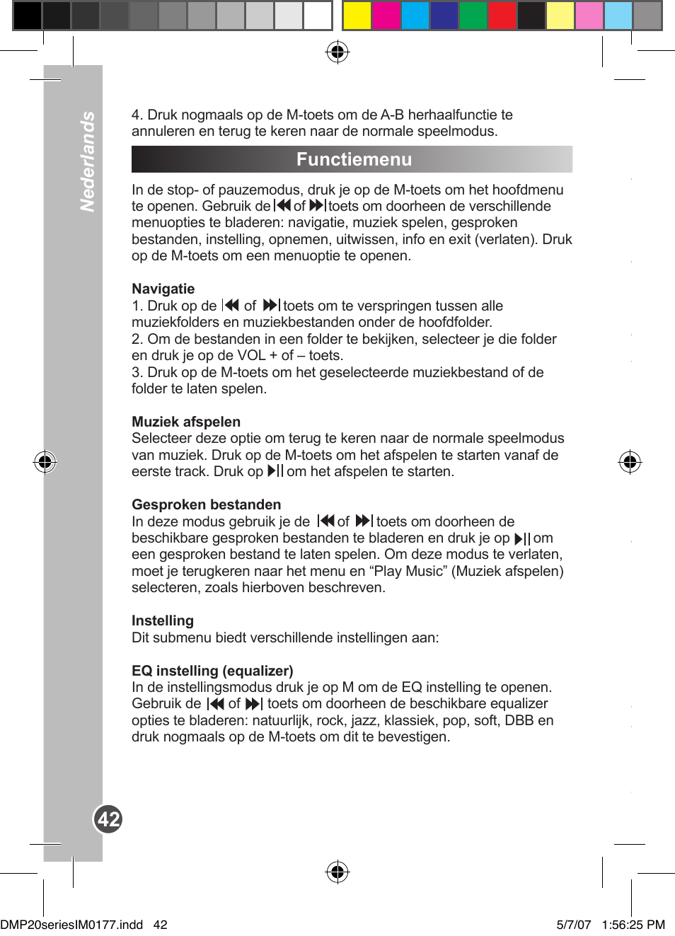Nederlands, Functiemenu | Lexibook DMP20SP/DMP23SP User Manual | Page 42 / 44