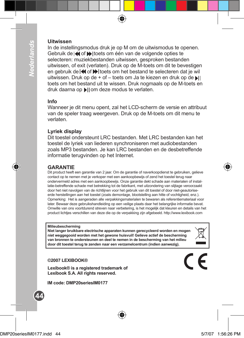 Nederlands | Lexibook DMP20SP/DMP23SP User Manual | Page 44 / 44