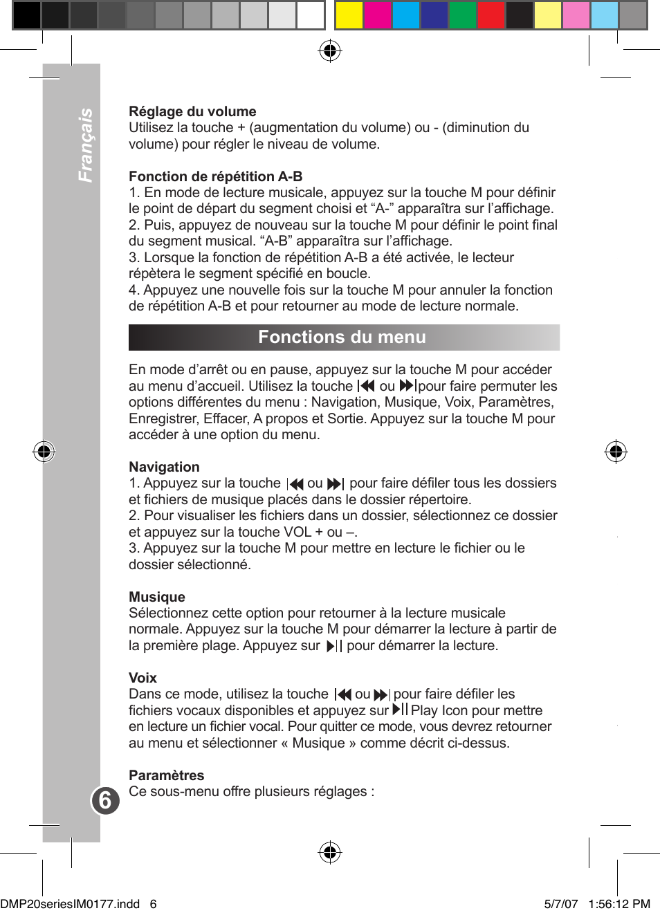 Français, Français fonctions du menu | Lexibook DMP20SP/DMP23SP User Manual | Page 6 / 44