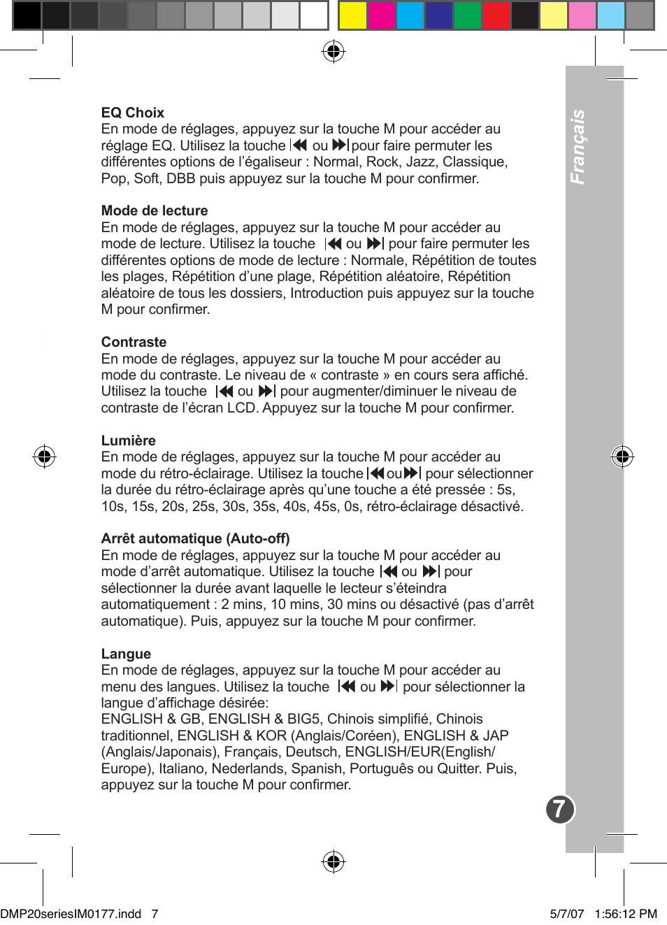 Français, Français fonctions du menu | Lexibook DMP20SP/DMP23SP User Manual | Page 7 / 44