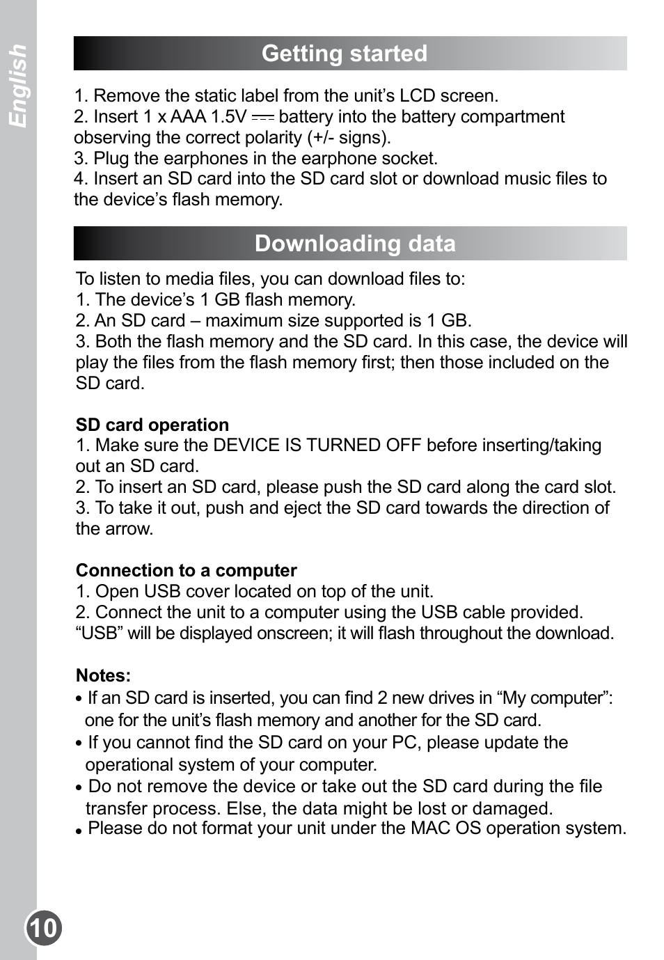 Getting started, Downloading data, English | Lexibook DMP61HSM User Manual | Page 10 / 44