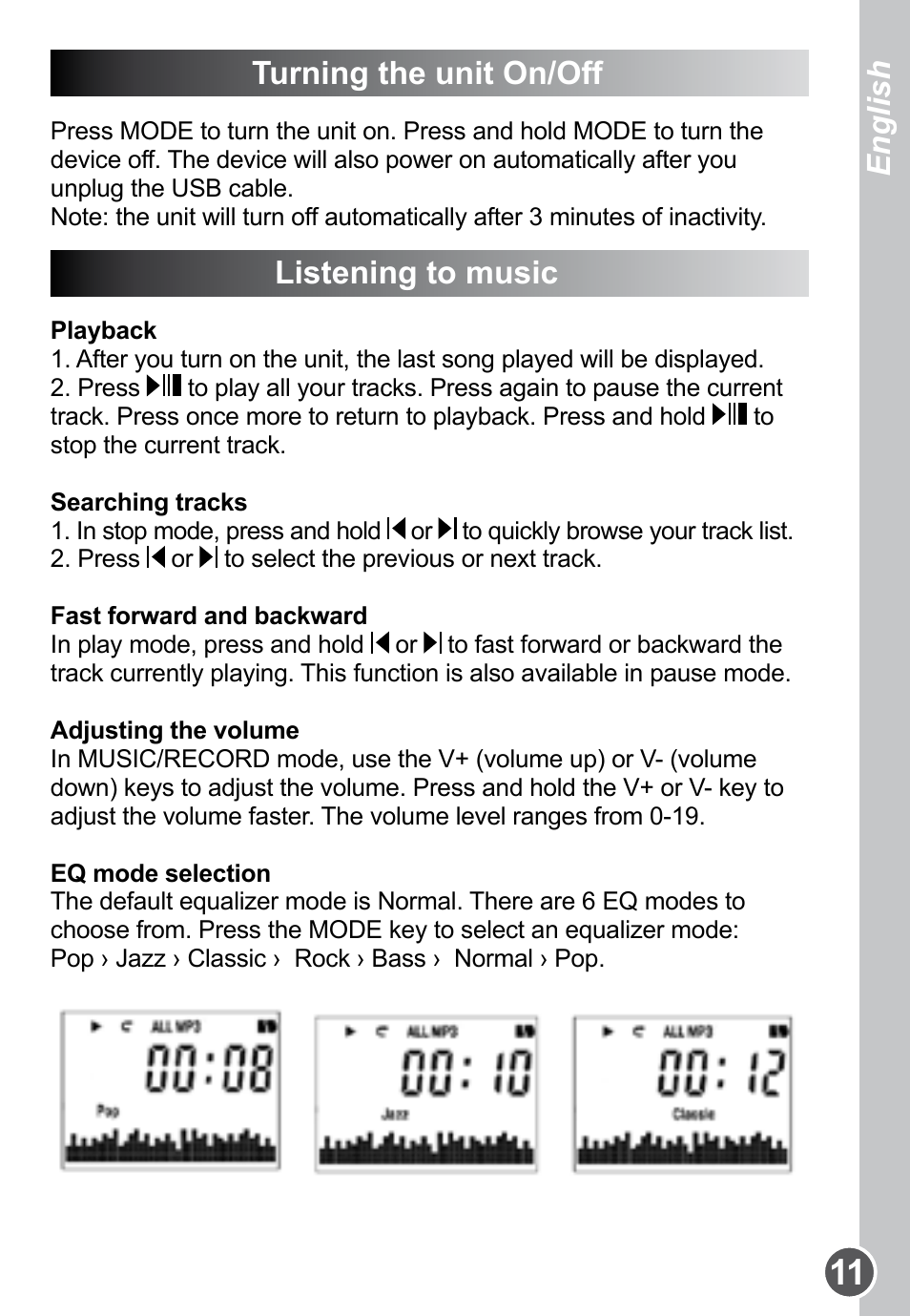 Turning the unit on/off, Listening to music, English | Lexibook DMP61HSM User Manual | Page 11 / 44