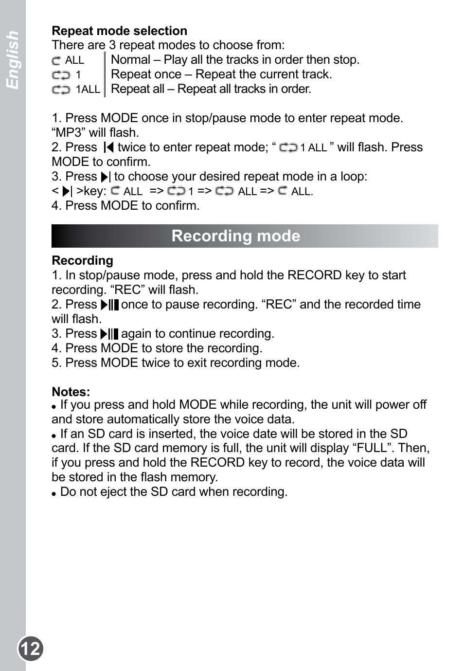 Recording mode, English | Lexibook DMP61HSM User Manual | Page 12 / 44
