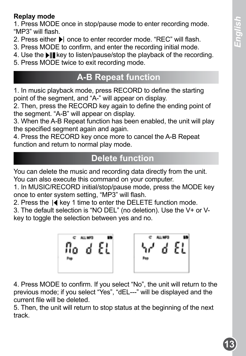 A-b repeat function, Delete function, English | Lexibook DMP61HSM User Manual | Page 13 / 44