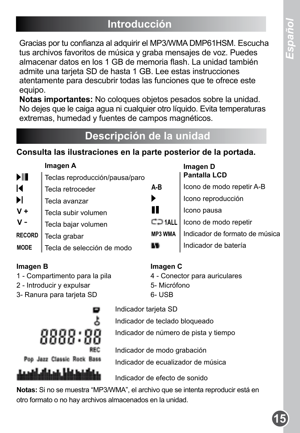 Introducción, Descripción de la unidad, Español english | Lexibook DMP61HSM User Manual | Page 15 / 44