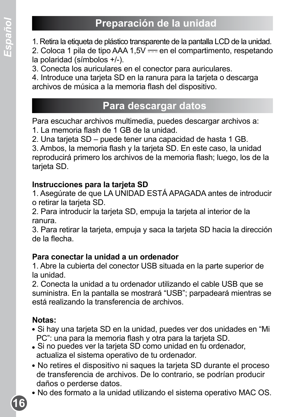 Preparación de la unidad, Para descargar datos, Español | Lexibook DMP61HSM User Manual | Page 16 / 44