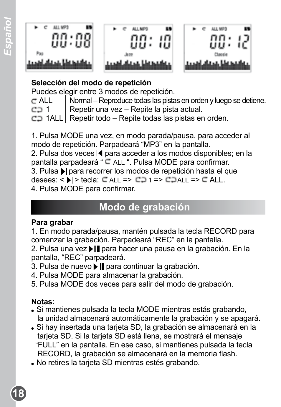 Modo de grabación, Español | Lexibook DMP61HSM User Manual | Page 18 / 44