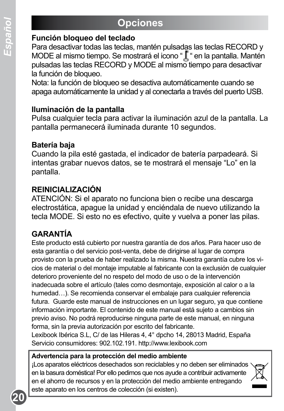 Opciones, Português español | Lexibook DMP61HSM User Manual | Page 20 / 44