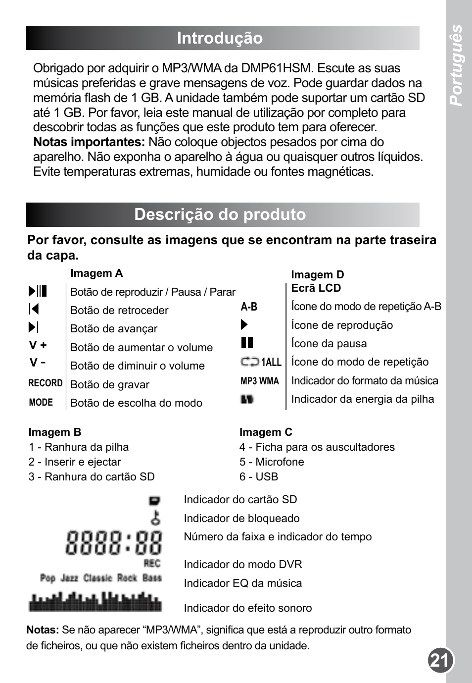 Introdução, Descrição do produto, Português español | Lexibook DMP61HSM User Manual | Page 21 / 44