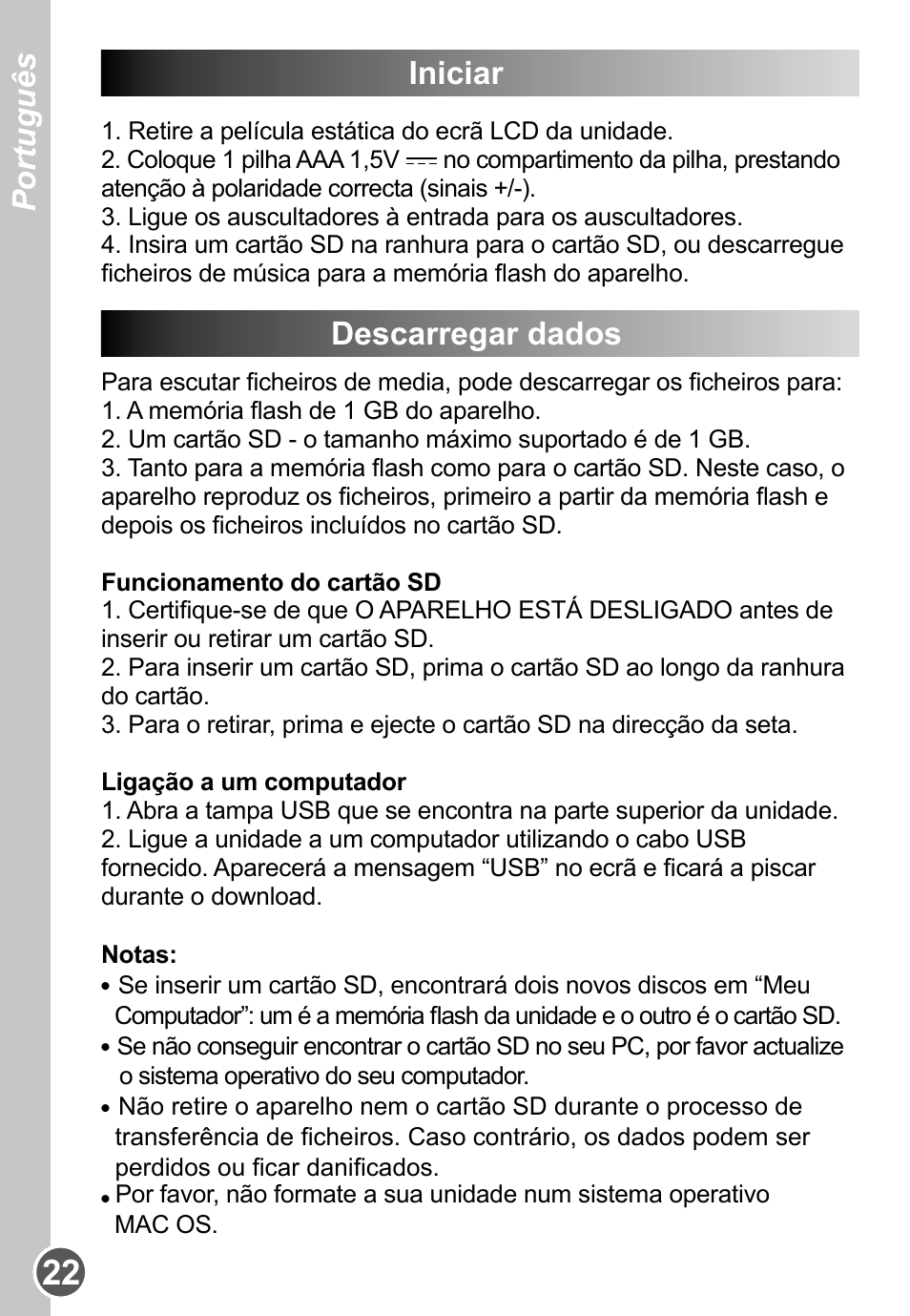 Iniciar, Descarregar dados, Português | Lexibook DMP61HSM User Manual | Page 22 / 44