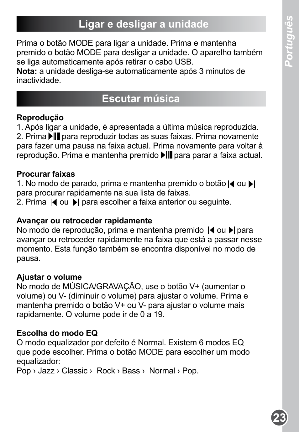 Ligar e desligar a unidade, Escutar música, Português | Lexibook DMP61HSM User Manual | Page 23 / 44