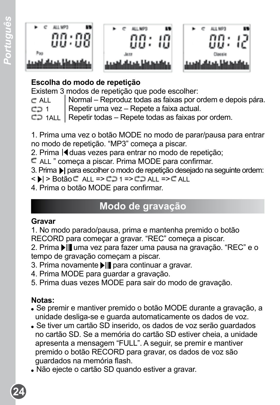 Modo de gravação, Português | Lexibook DMP61HSM User Manual | Page 24 / 44