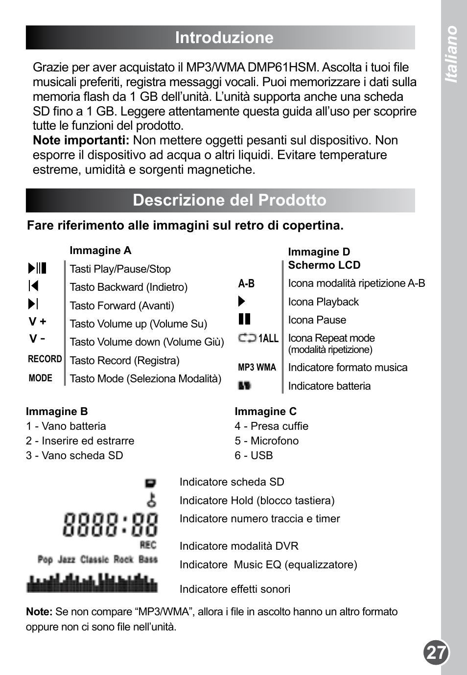 Introduzione, Descrizione del prodotto, Italiano português | Lexibook DMP61HSM User Manual | Page 27 / 44