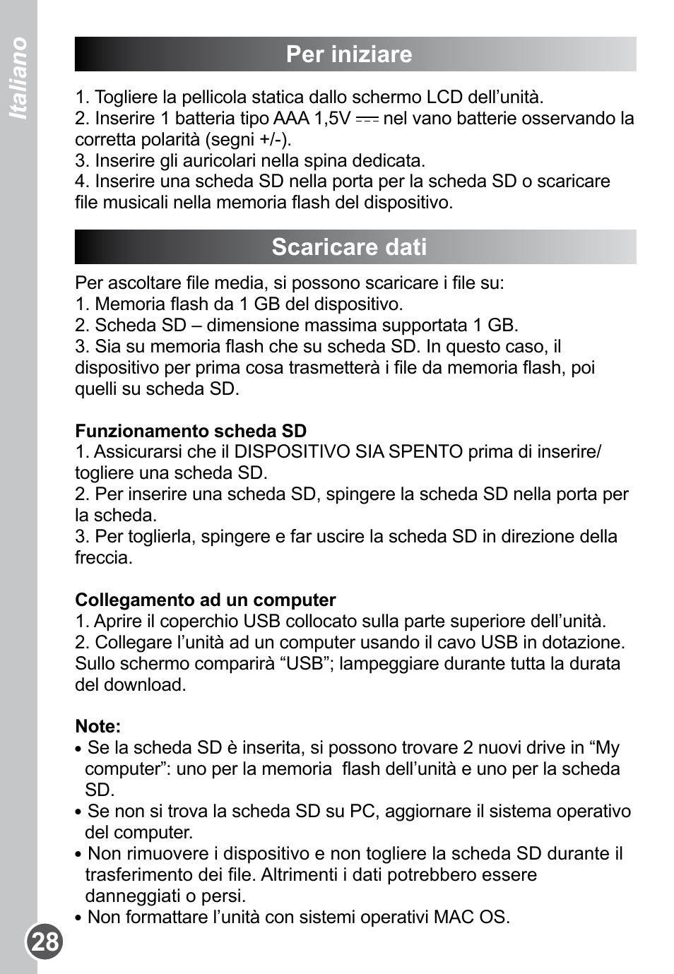 Per iniziare, Scaricare dati, Italiano | Lexibook DMP61HSM User Manual | Page 28 / 44